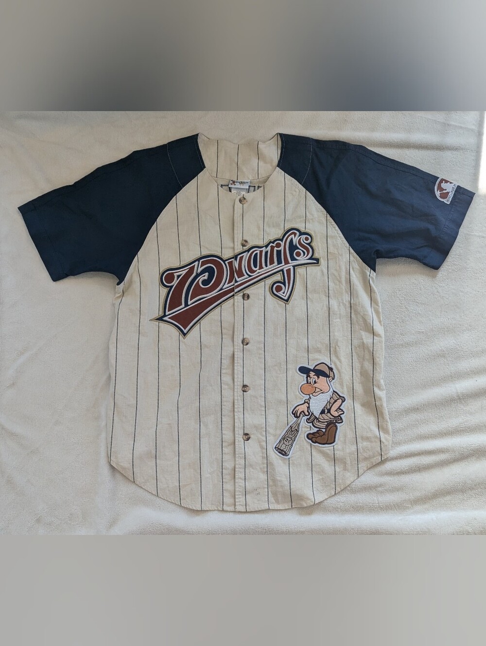 Dwarfs Vintage Disney Baseball Jersey - Cream & Navy Grumpy